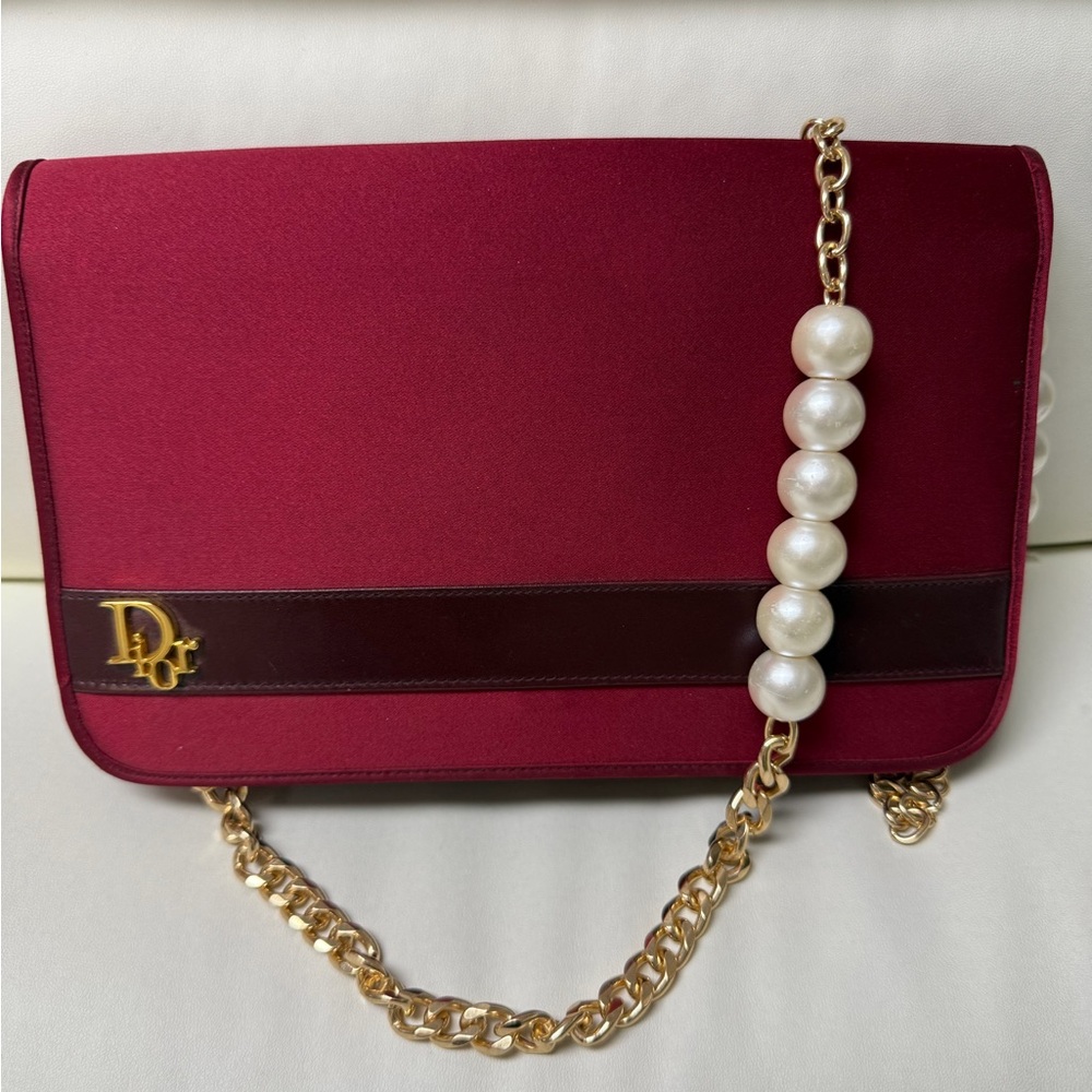 ❌SOLD Dior Burgundy Shoulder Bag with Gold Chain and Pearl Detail